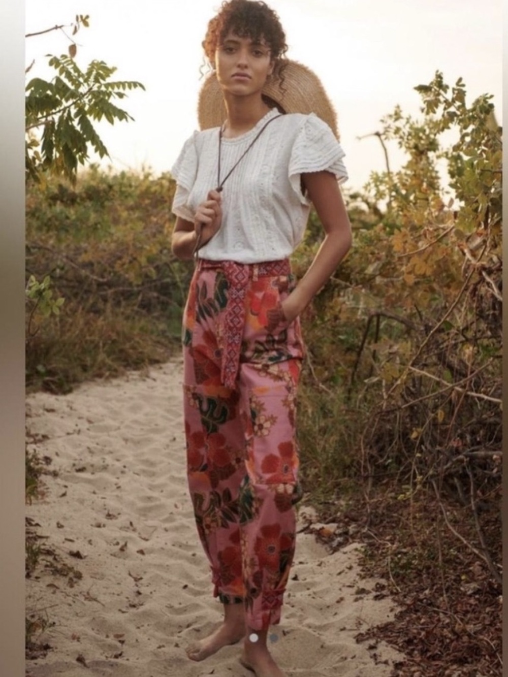 FARM Rio Pink Floral Paperbag Trousers with Tie Waist size S